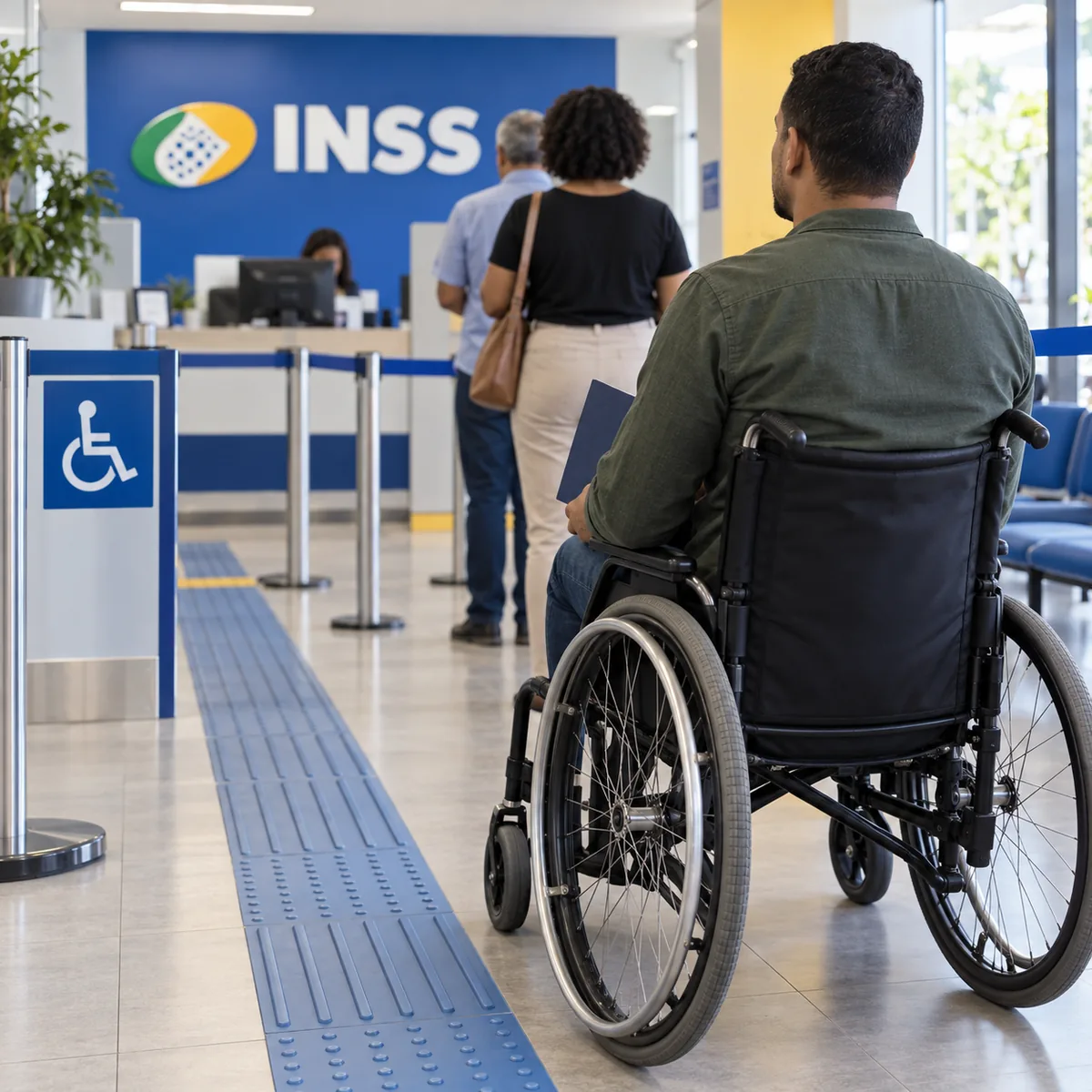 Homem em cadeira de rodas na fila de atendimento do INSS para aposentadoria PCD em Barbacena