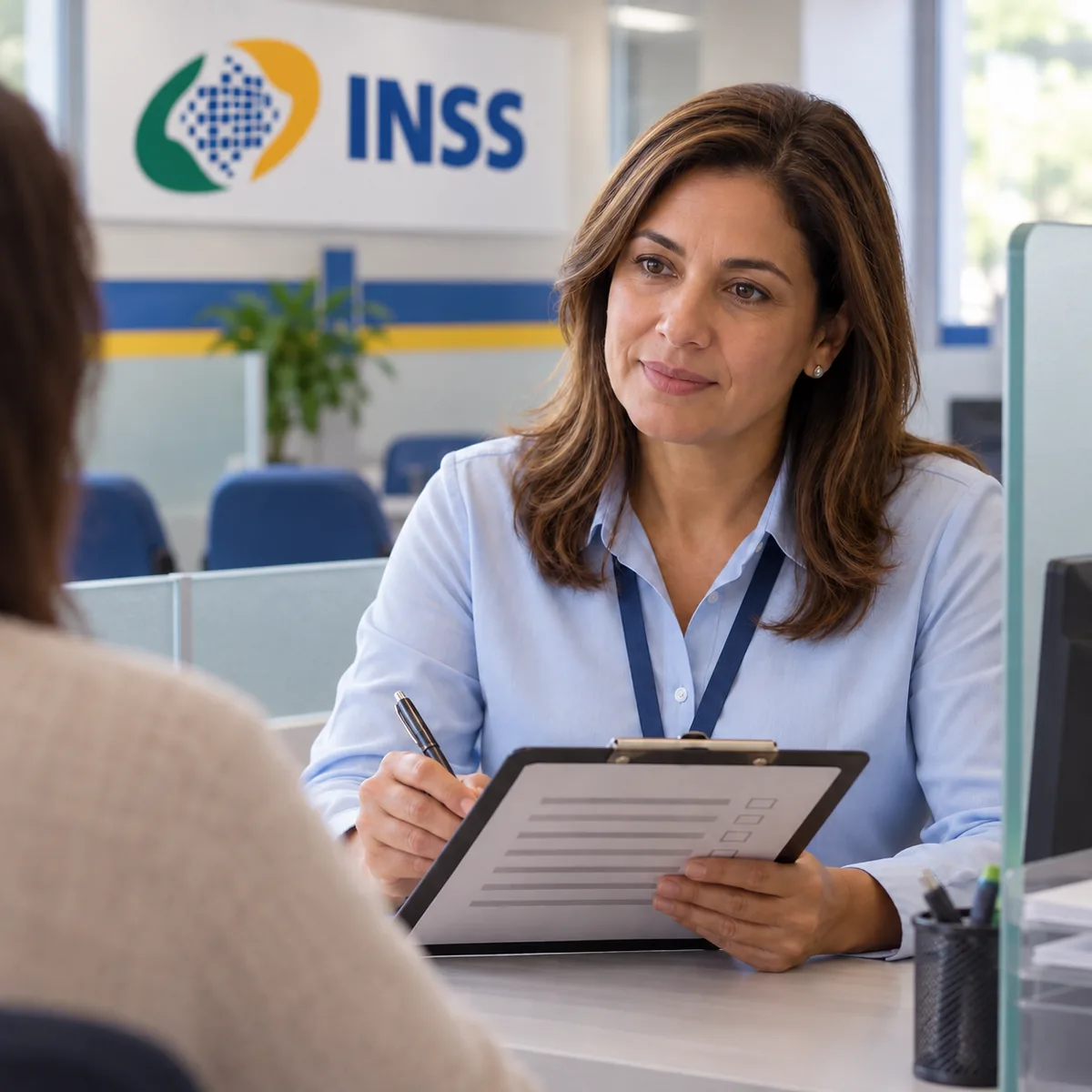 Servidora do INSS aplicando avaliação biopsicossocial para aposentadoria PCD em Barbacena