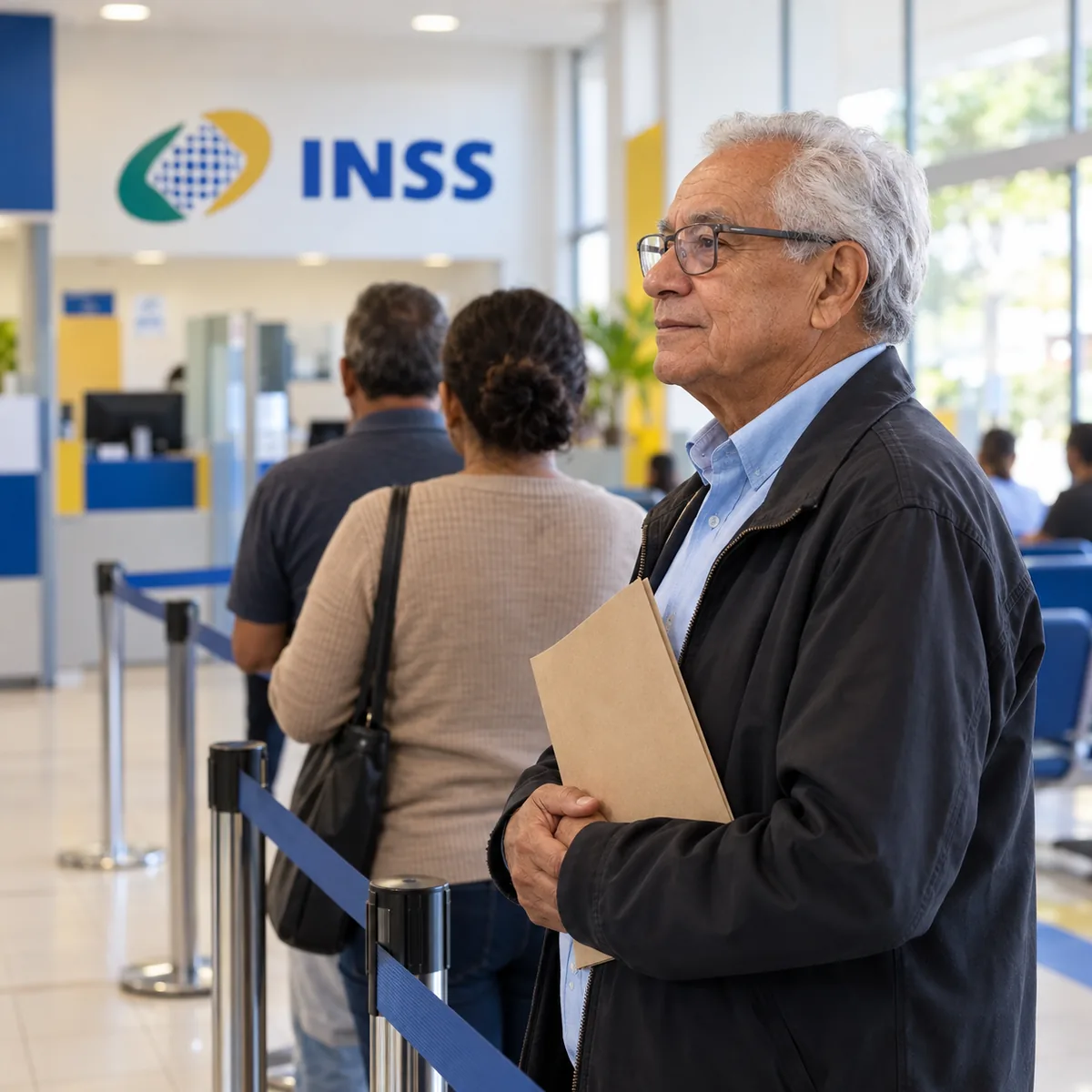 Trabalhador rural idoso na fila do INSS com documentos do pedido de aposentadoria