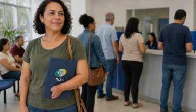 Mulher segurando pasta com logotipo do INSS em agência de atendimento, com pessoas na fila do balcão ao fundo